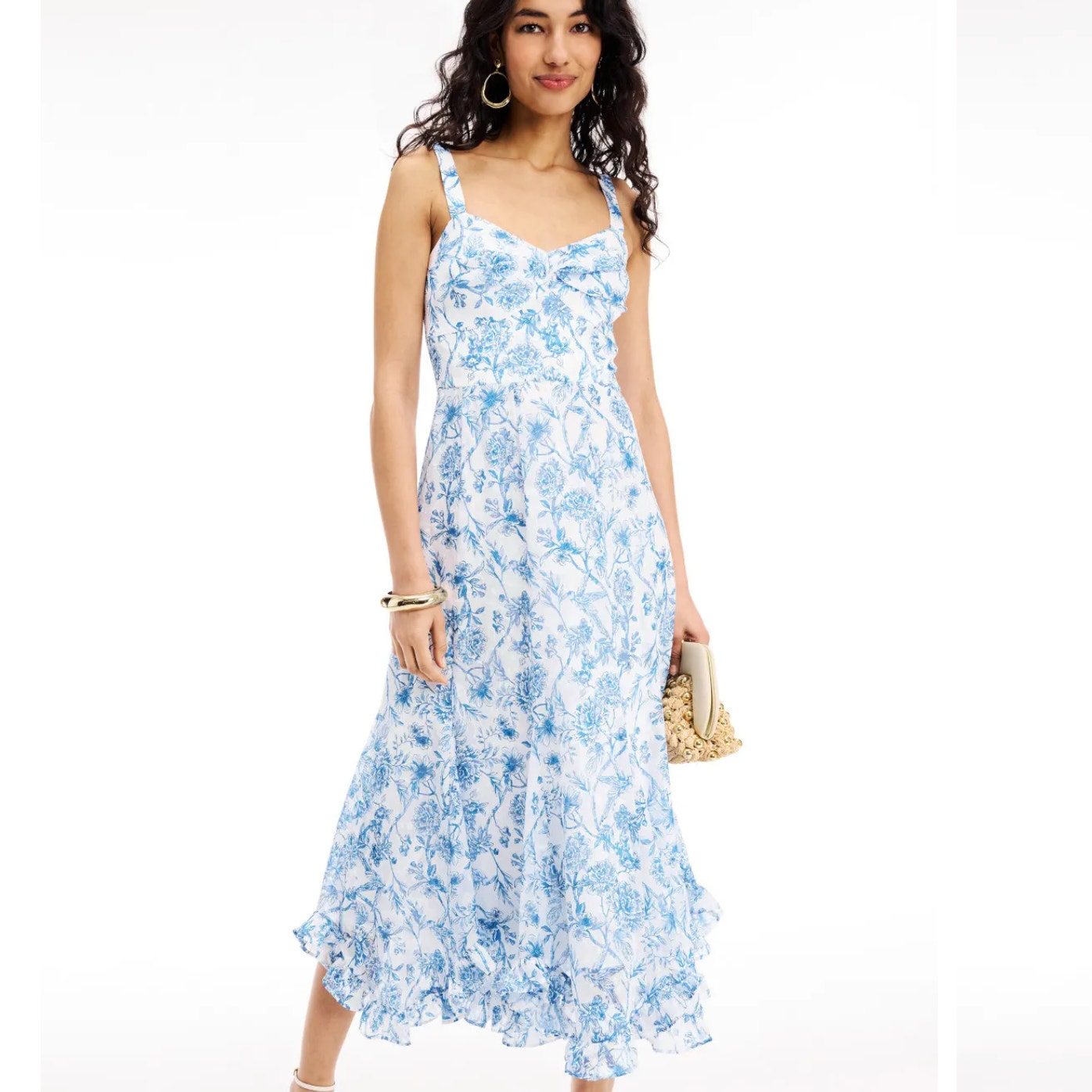 Hutch Blue White Floral Midi Sun Dress Large French Toile Cottage Designer $300